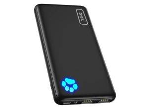 A slim, lightweight portable charger with a sleek black rubberized finish, approximately the size of a smartphone. The device features a unique paw-shaped LED indicator to display battery levels, a built-in flashlight on the edge, and three charging ports: one USB-C and two USB-A. Compact and minimalist in design, it is ideal for on-the-go charging.